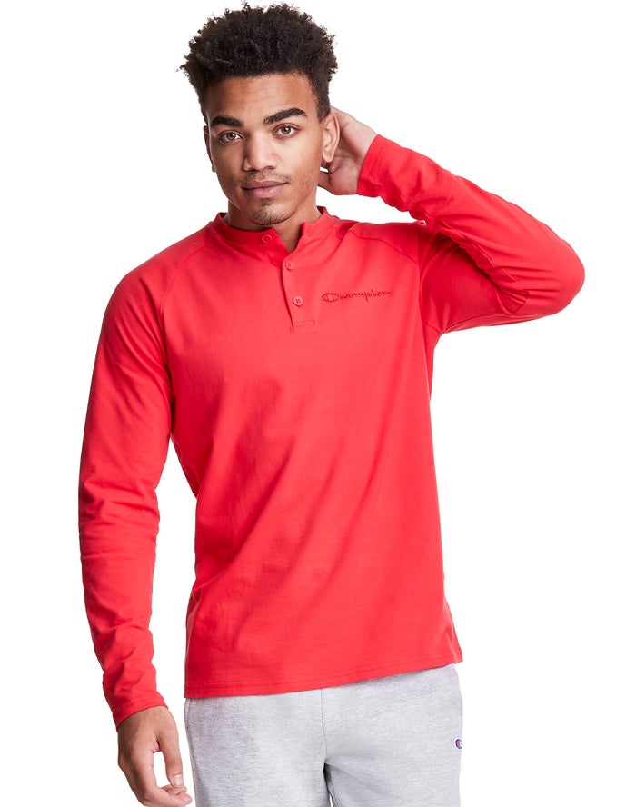 Champion Mens T-Shirt NZ - Long Sleeve Henley Red ( 6418-OJEYG )